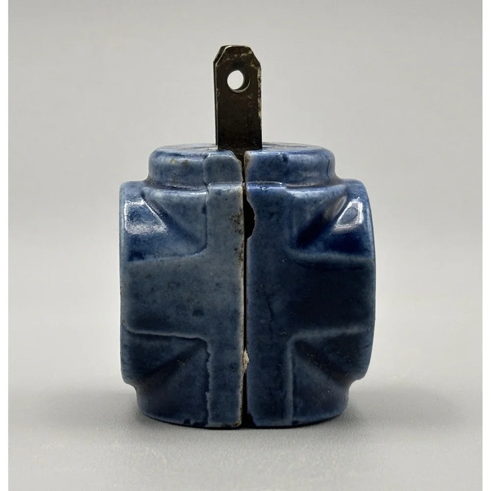 Vtg USE CO Blue Porcelain 3-Way Outlet Adapter Antique Ceramic Cube Tap Plug⁠